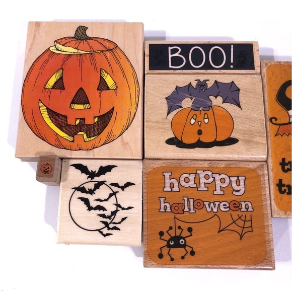 Halloween Wood Rubber Stamp Huge Lot of 8 Witch Pumpkin Bats Boo - Picture 2 of 4
